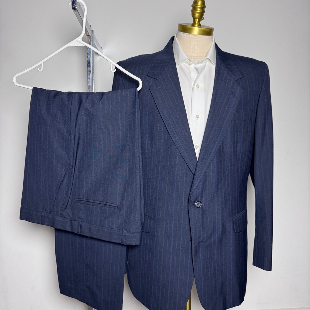 Towncraft Suit Mens 46L 36W Navy Blue Pinstripe Two Button Notch Lapel